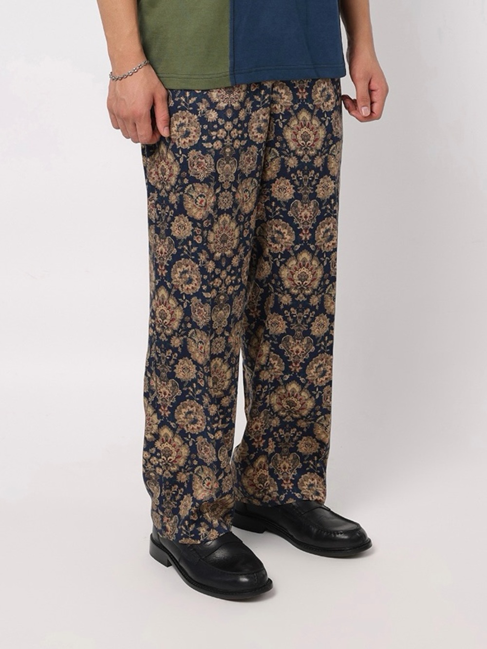 Men's Navy Floral Wide-Leg Dress Pants